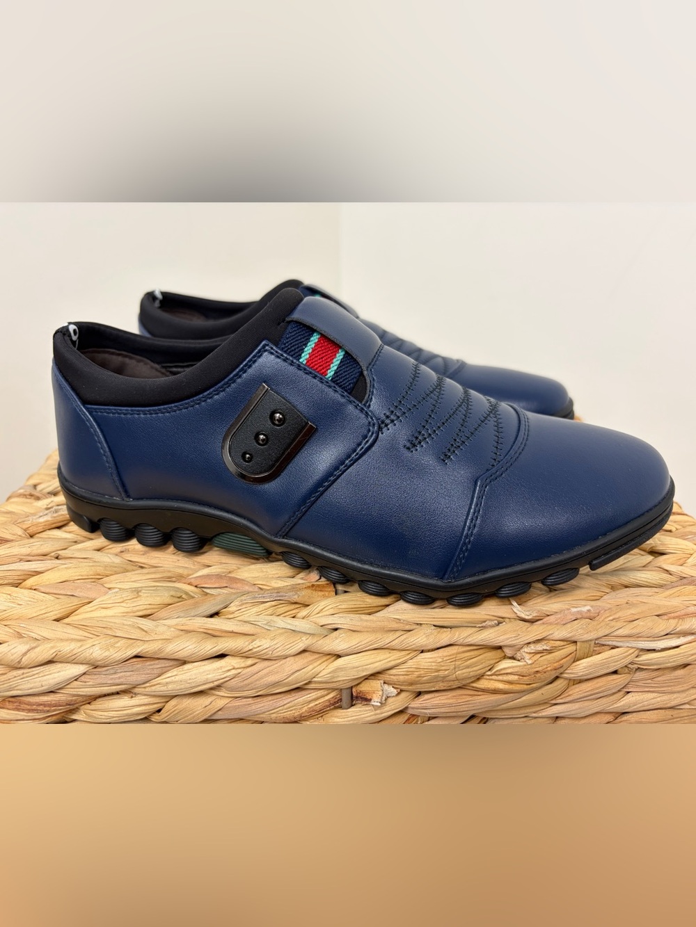 Men's Navy Slip-On Casual Loafers with Red-Green Accent
